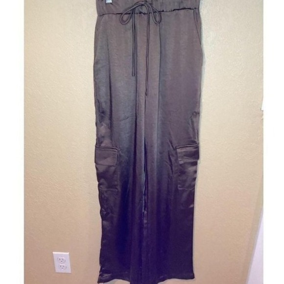 Princess Polly Wide Leg Cargo Pants Brown Satin Drawstring Pants, Size 0 - Picture 1 of 6